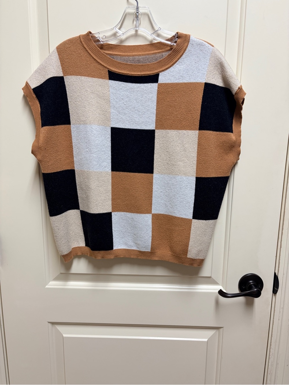 Sleeveless Checkerboard Sweater Vest in Camel, Beige, Black & Cream